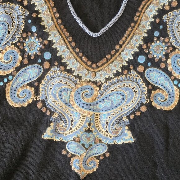 Y2K FANG Black Tank Sleeveless Top Blue Paisley Bronze‎ Glitter Vneck Sz M - Picture 4 of 7